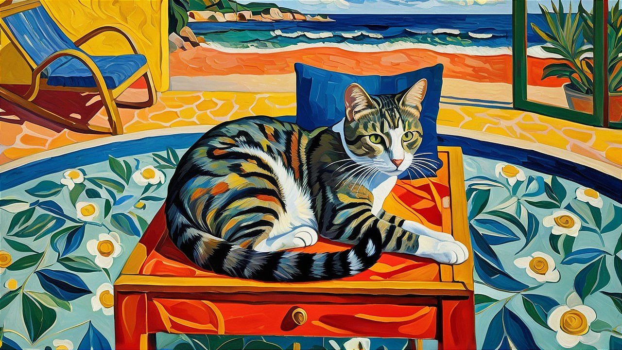 Colorful Painting of a Cat by a Coastal Window