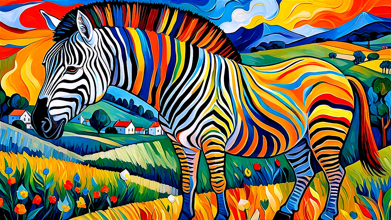 Colorful Cubist Zebra in Yellow Flower Field