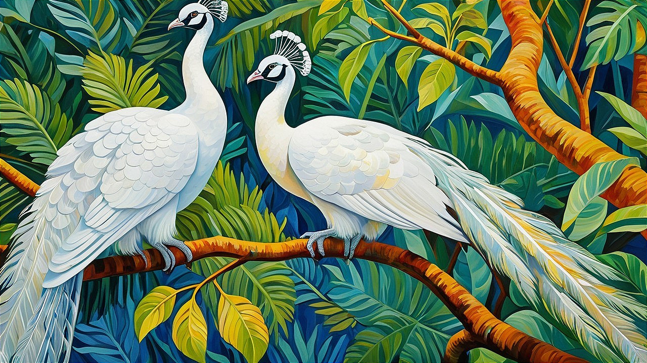 Elegant white peacocks among lush green foliage