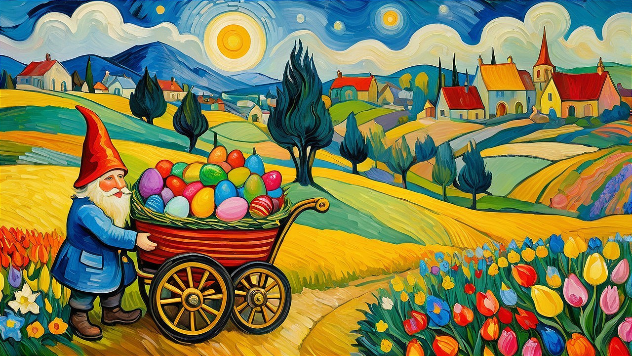Gnome with Colorful Eggs in Vibrant Spring Landscape