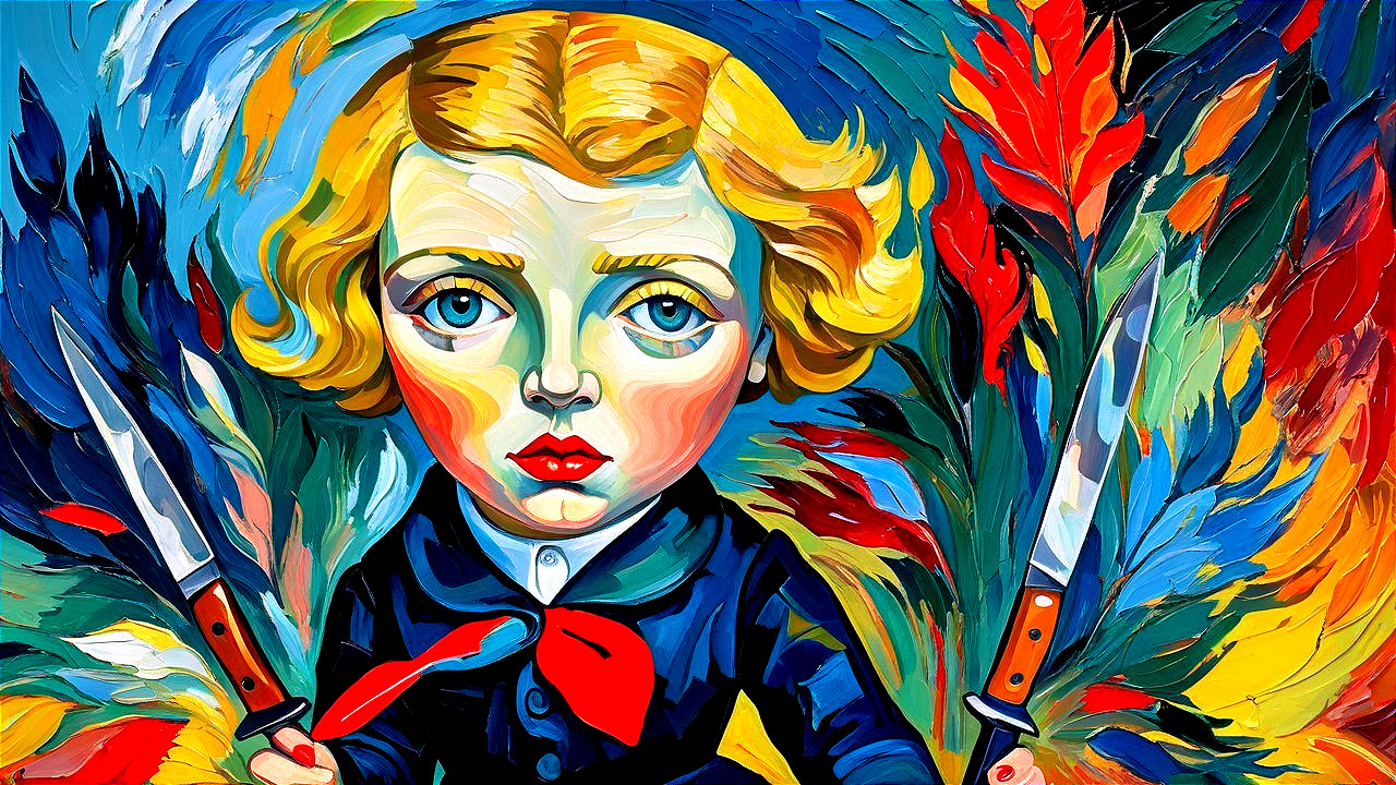 Colorful Painting of Child with Knives and Abstract Background