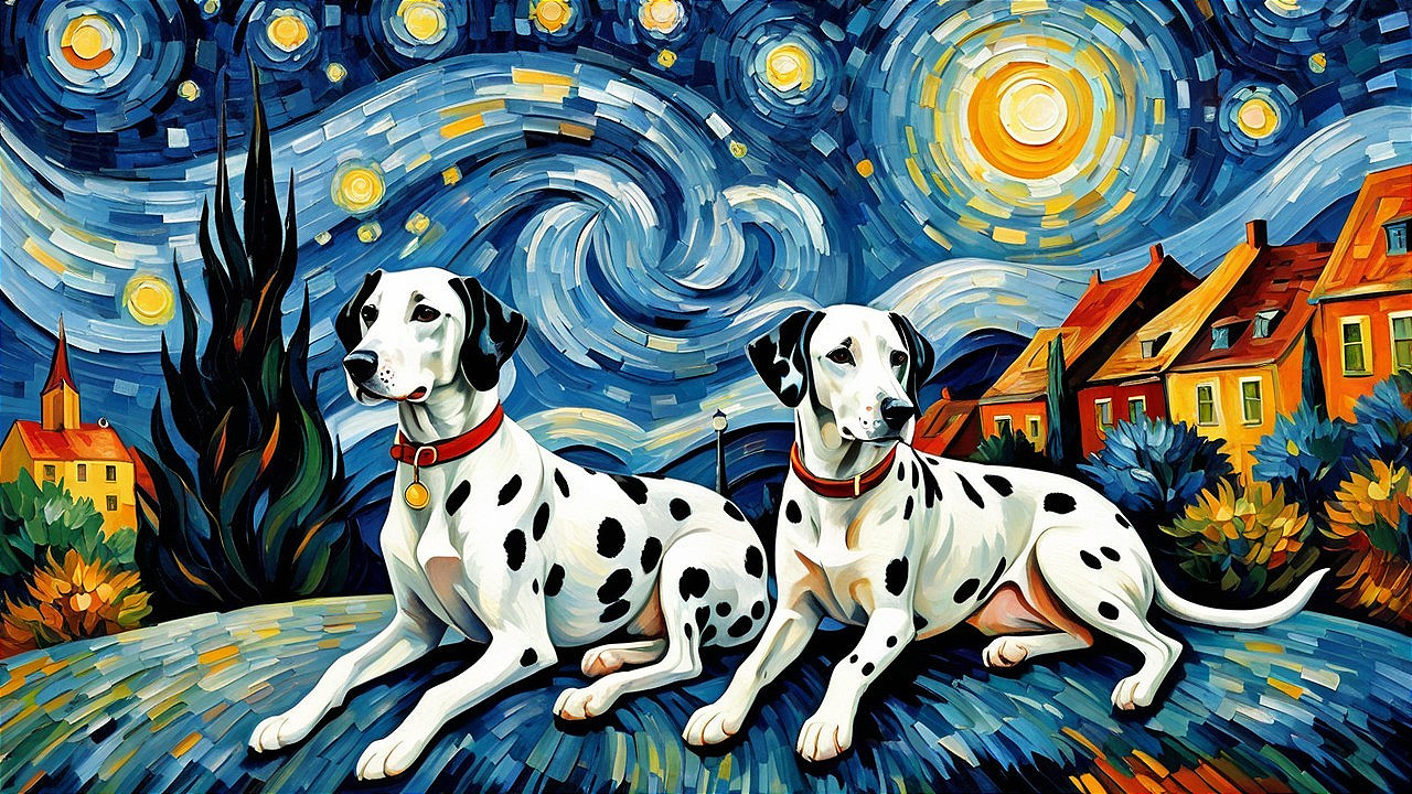 Dalmatians in a Whimsical Starry Night Landscape