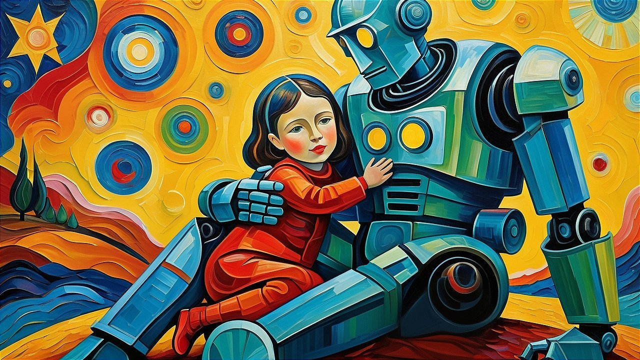 Abstract Painting of Robot and Child Embracing