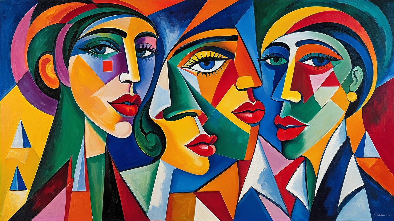 Abstract Painting with Three Stylized Female Faces