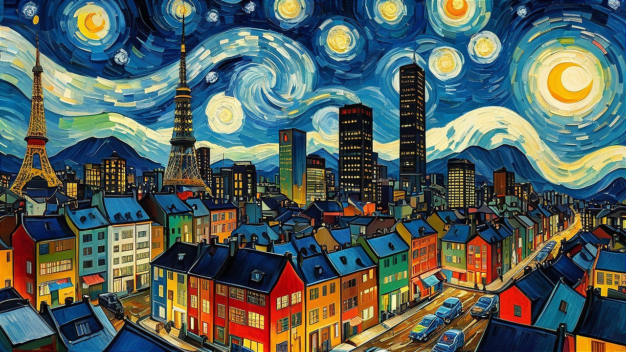 Vibrant cityscape with iconic landmarks at night