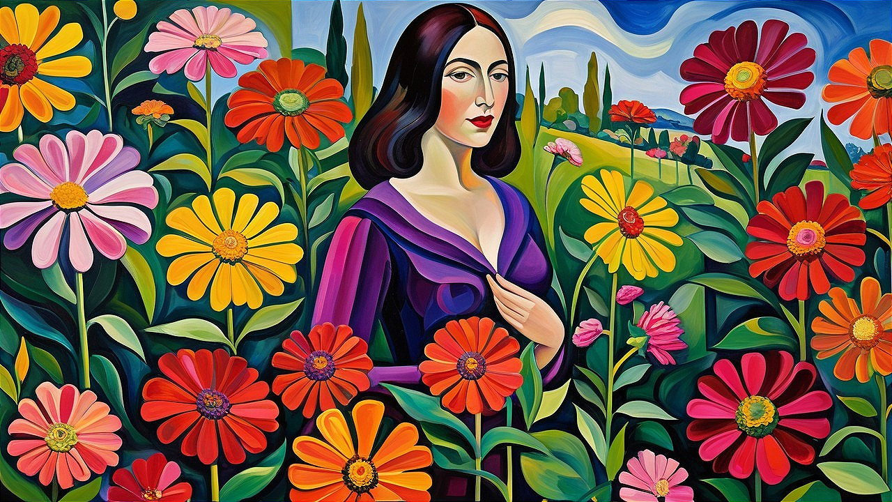 Vibrant Painting of Woman in Colorful Flower Garden