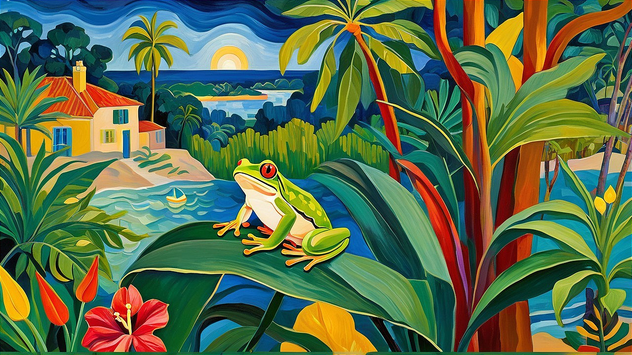 Tropical Scene with Tree Frog and Colorful Sunset