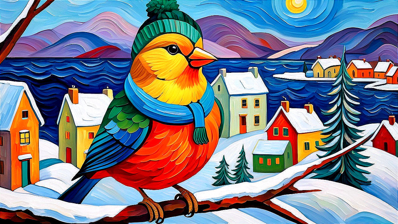 Colorful Bird in Winter Scene with Knitted Hat and Scarf