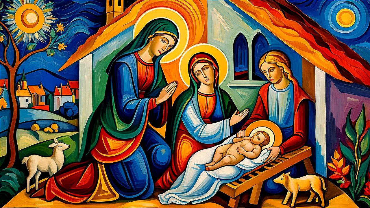 Folk Art Nativity Scene with Vibrant Colors and Halos