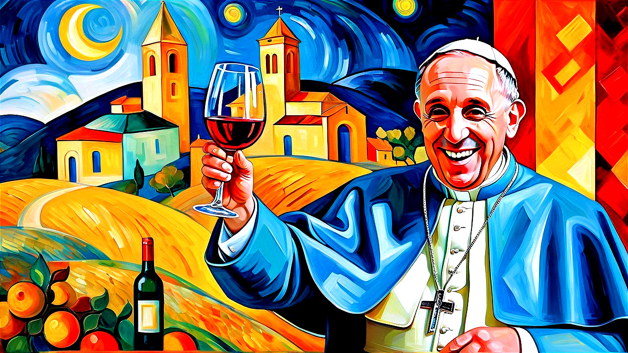 Colorful Painting of Joyful Figure with Wine and Landscape