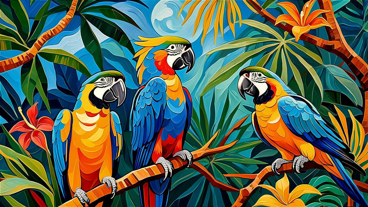 Vibrant Parrots in Lush Tropical Foliage Scene