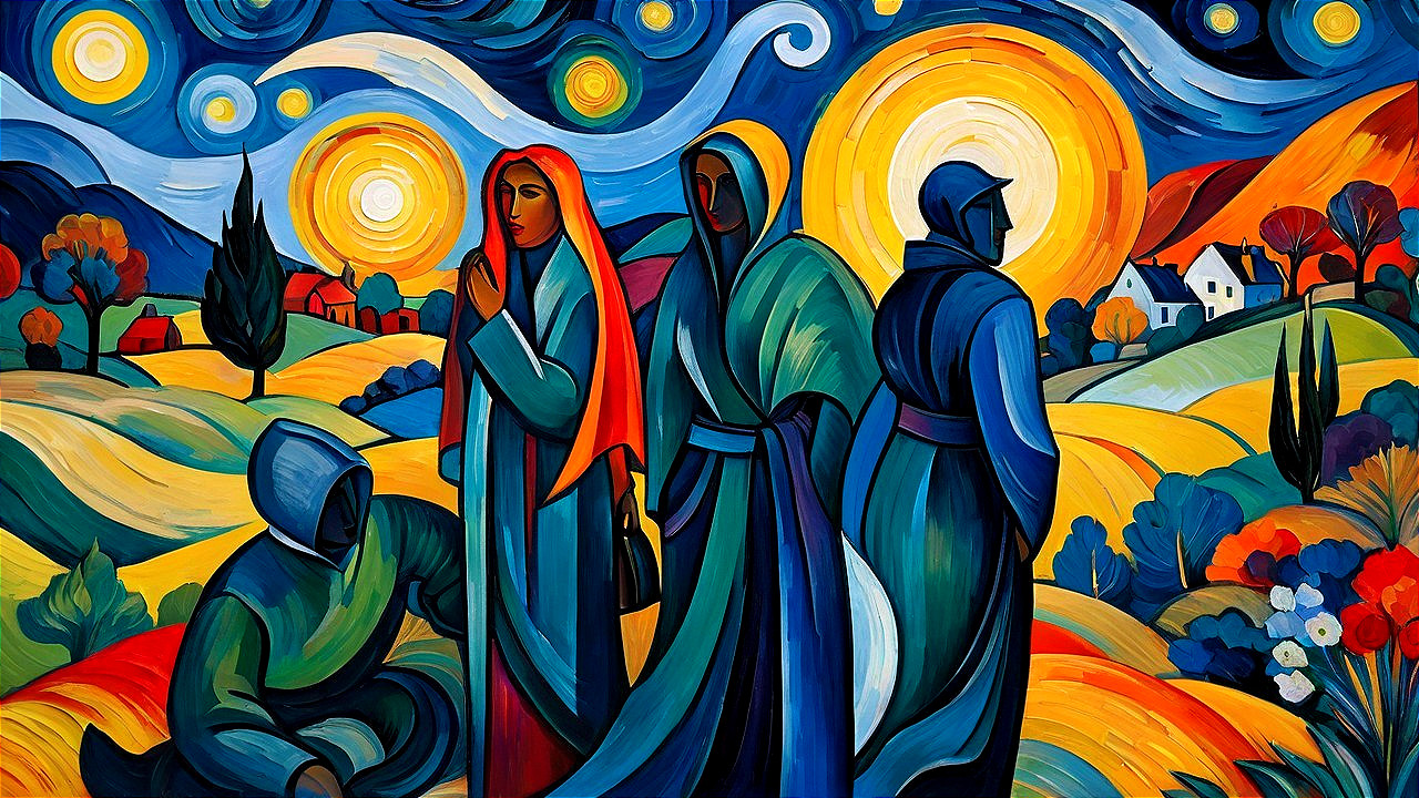 Colorful Artwork of Figures in Flowing Robes and Landscape