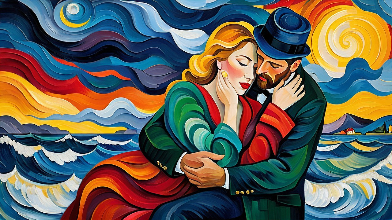 Colorful Painting of a Couple Embracing by the Shore