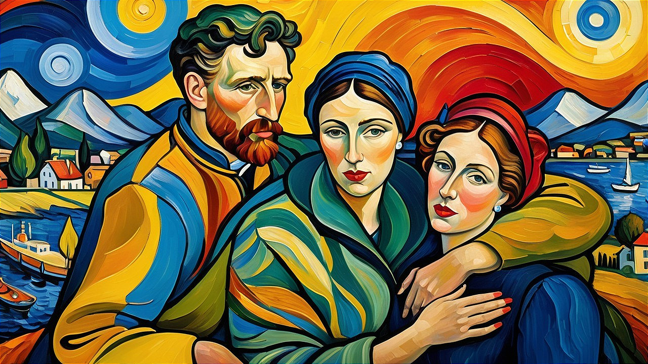 Vibrant Artwork with Three Expressive Figures