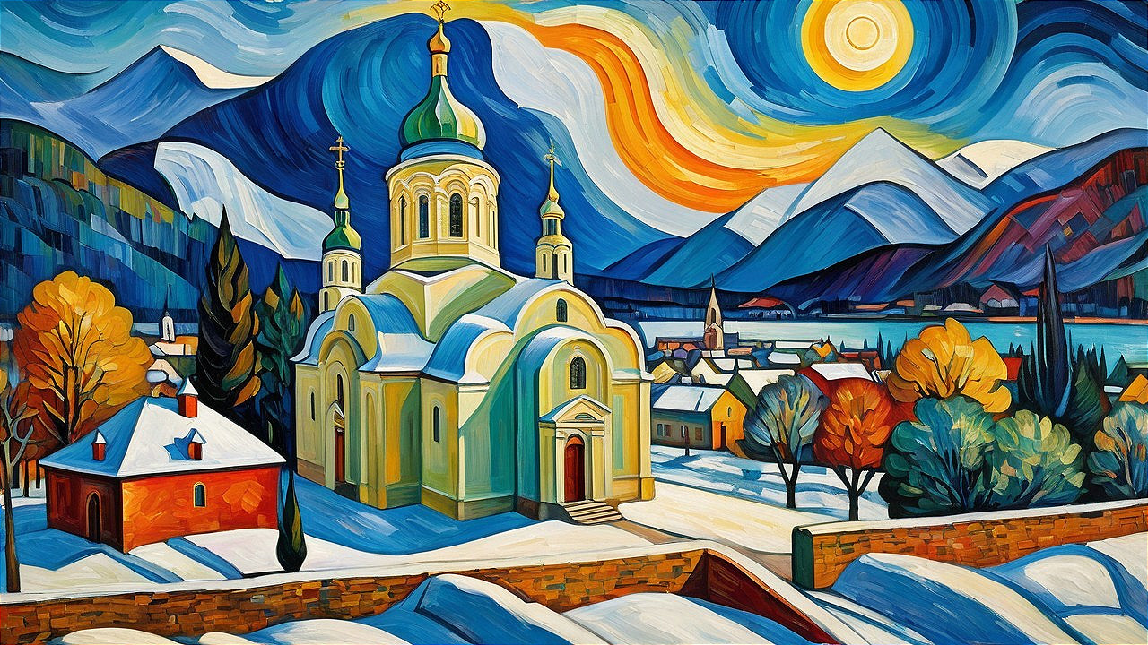 Colorful Winter Village Landscape with Golden Domes