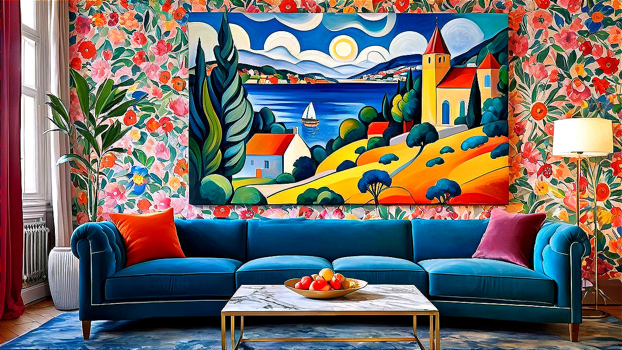 Vibrant Living Room with Floral Wallpaper and Seascape