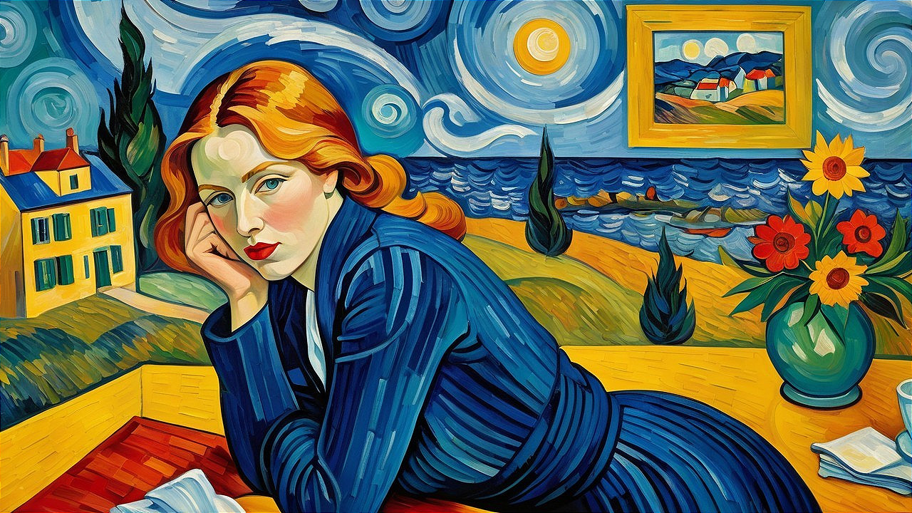 Vibrant Portrait of Woman in Blue Striped Dress