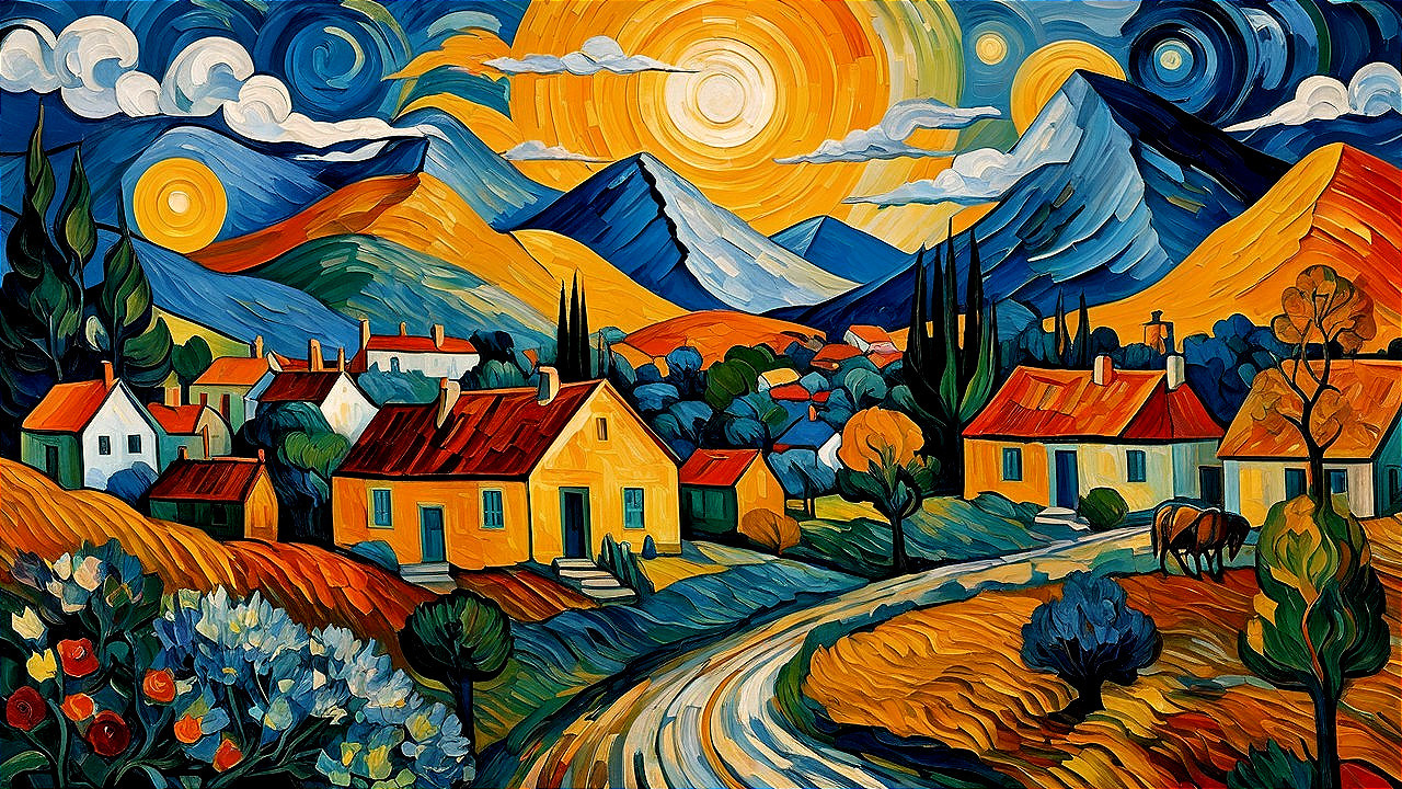 Vibrant Landscape with Colorful Village and Hills