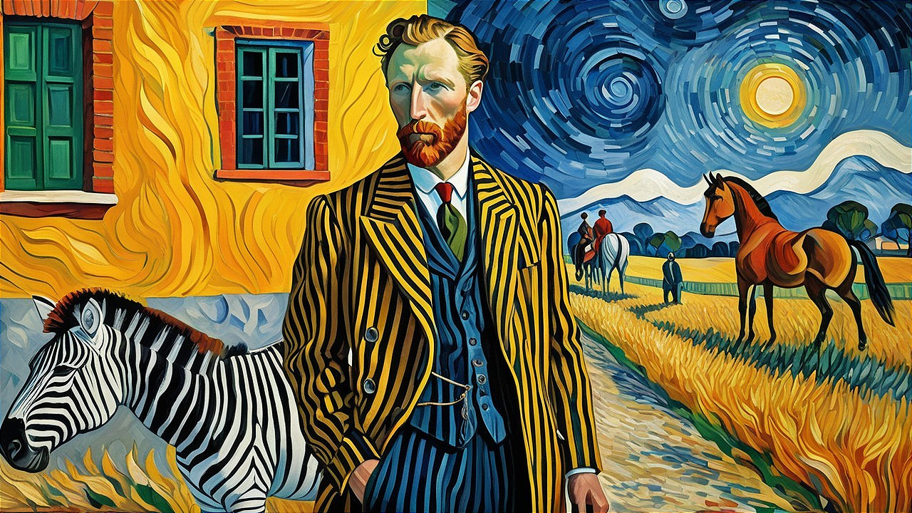 Vibrant Portrait of Man with Red Beard and Zebra