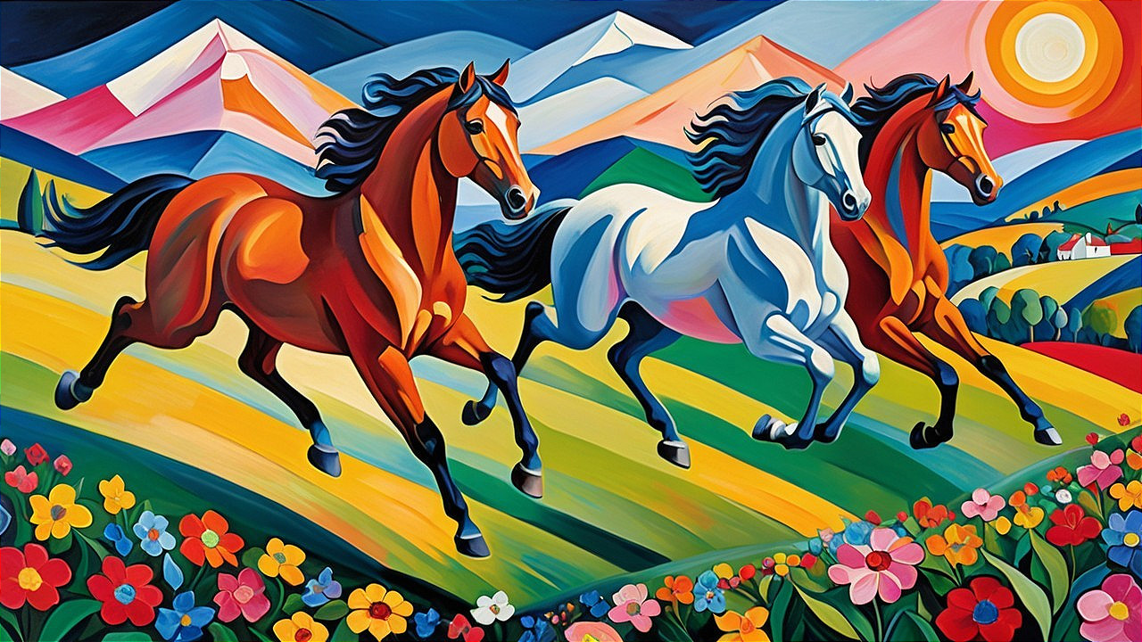 Colorful Artwork of Galloping Horses in Nature