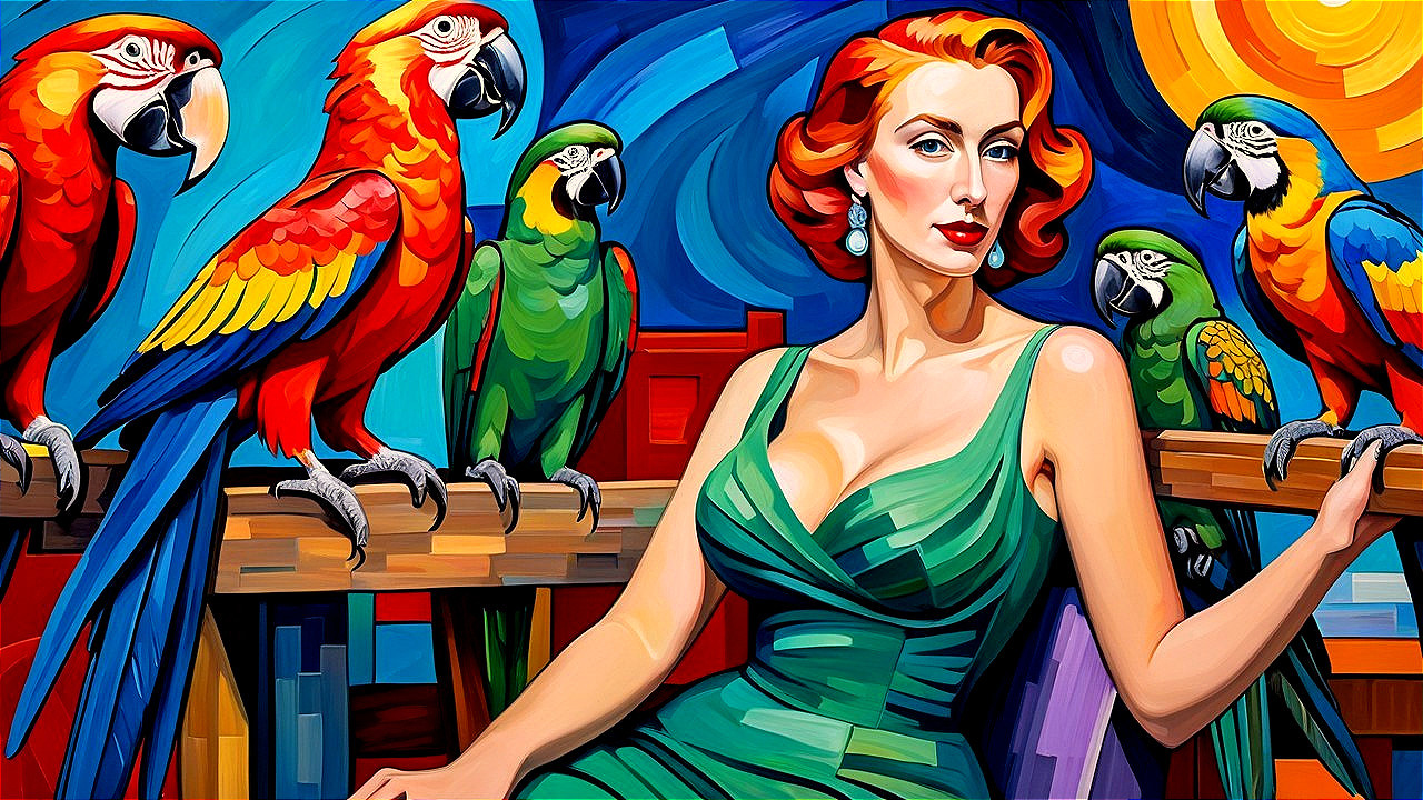 Glamorous Woman in Green Dress with Colorful Parrots