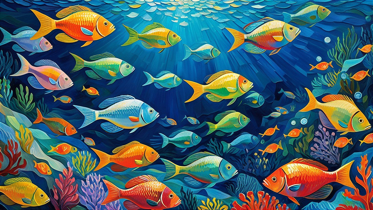 Vibrant Underwater Scene with Colorful Fish and Coral