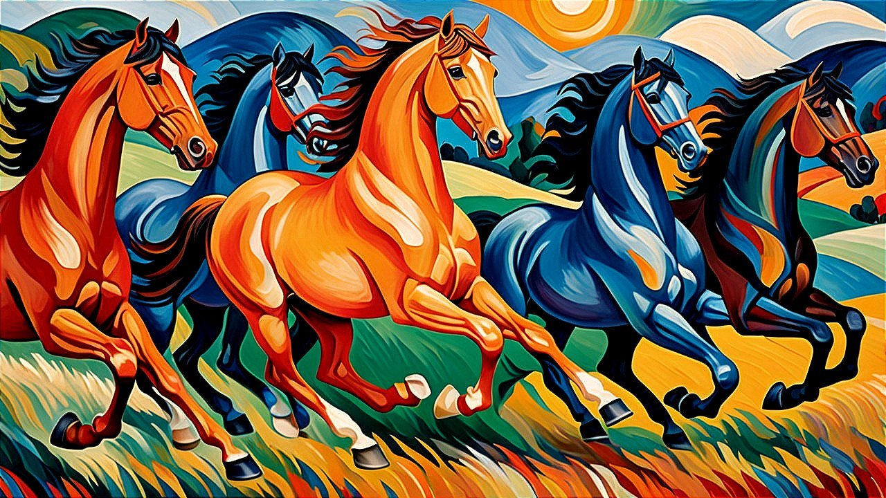 Five Horses Galloping in a Colorful Landscape Painting