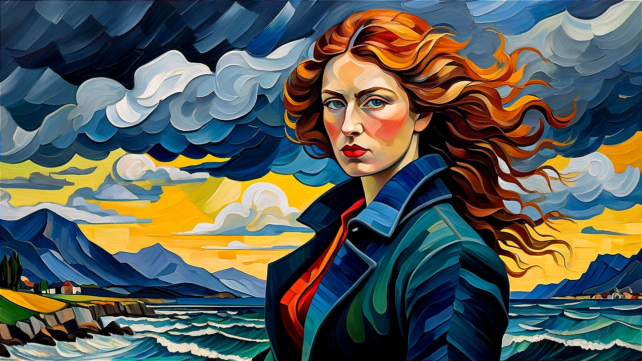 a woman with red hair in a vibrant landscape painting