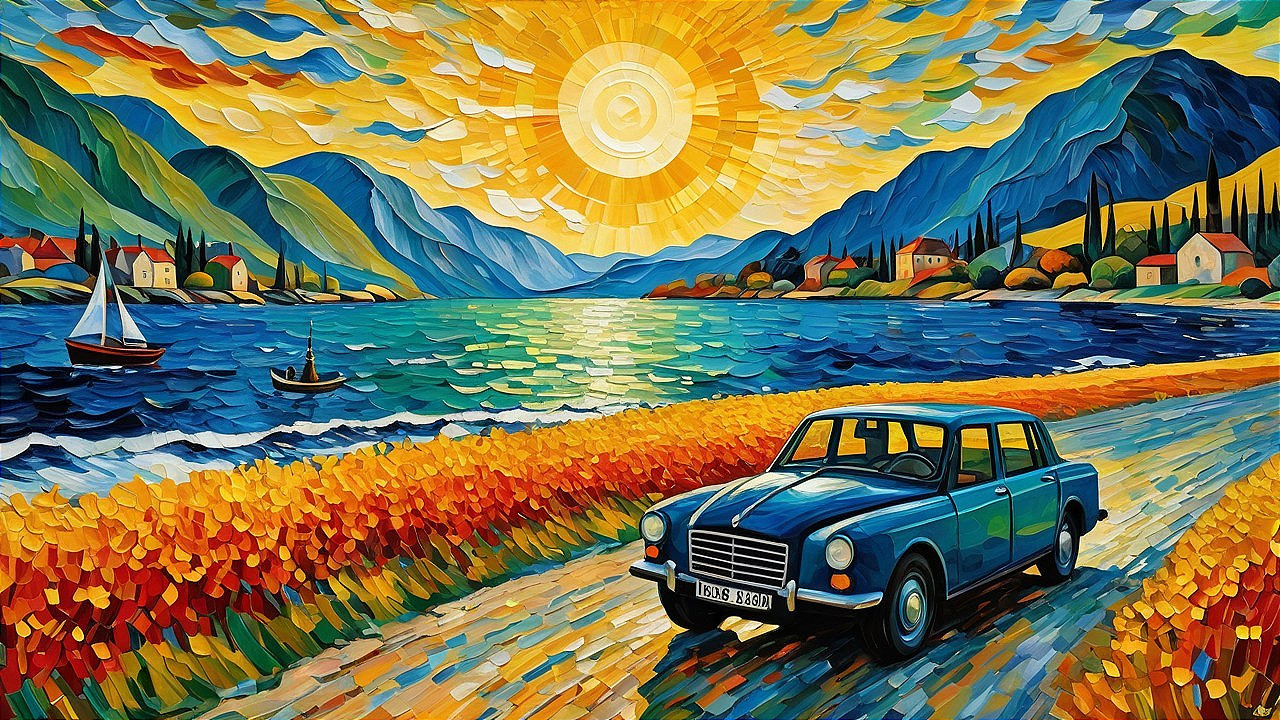 Vibrant Landscape with Blue Car and Scenic Water View