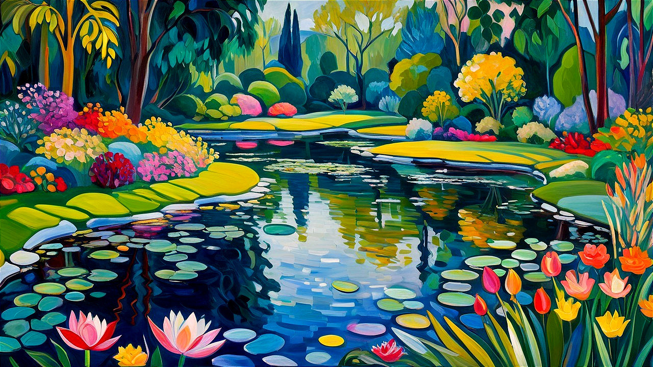 Vibrant Landscape with Tranquil Pond and Flowers