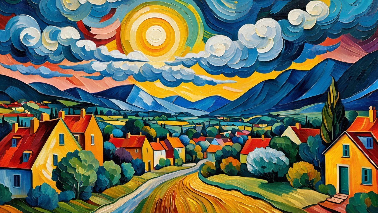 Vibrant Landscape with Colorful Houses and Mountains