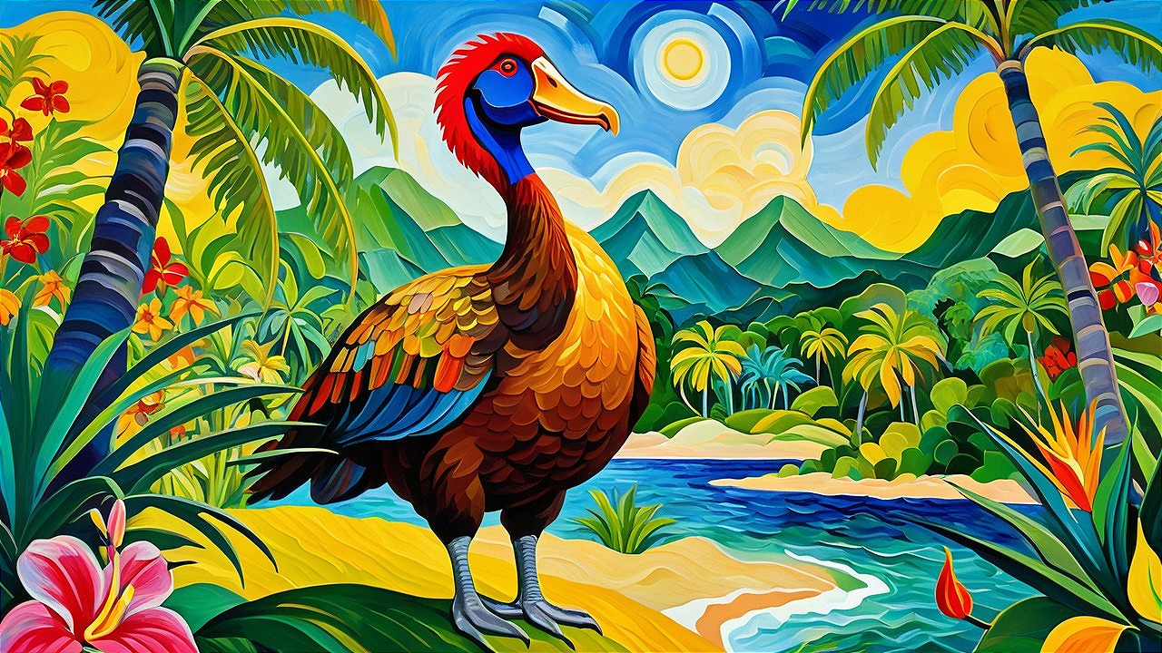 Cartoonish Tropical Landscape with Colorful Bird