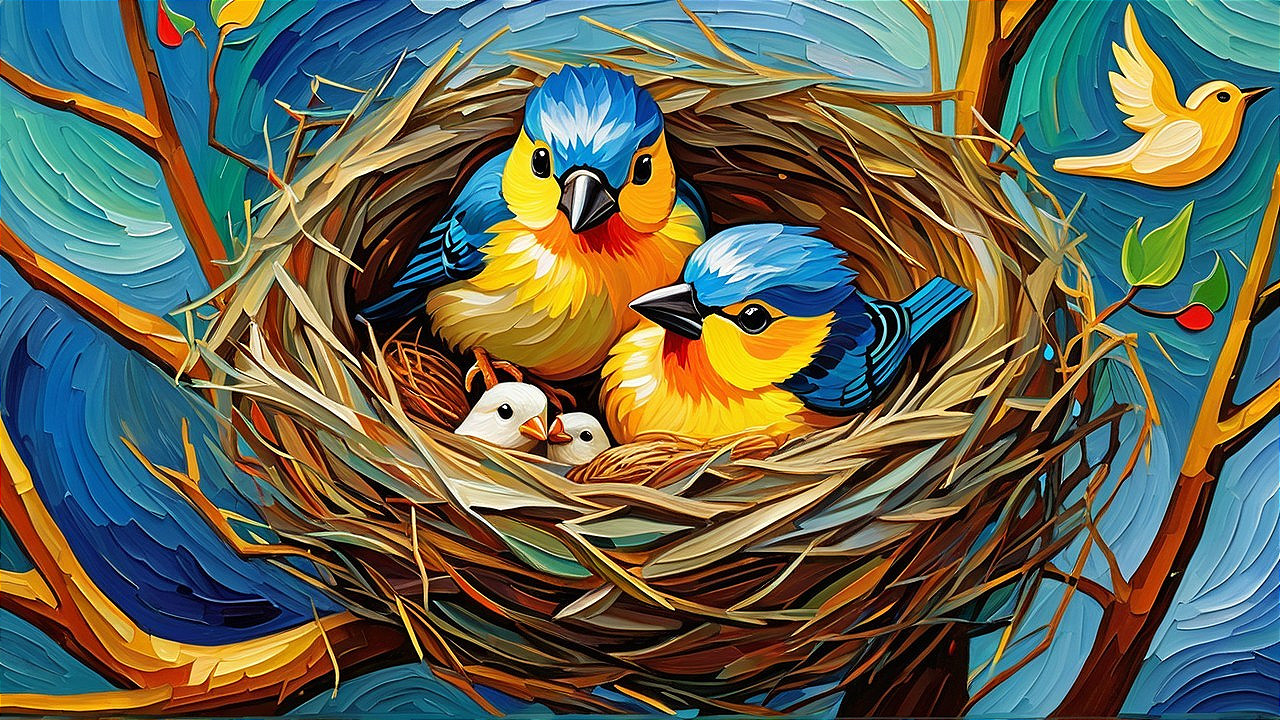 Colorful Painting of Bird's Nest with Hatchlings
