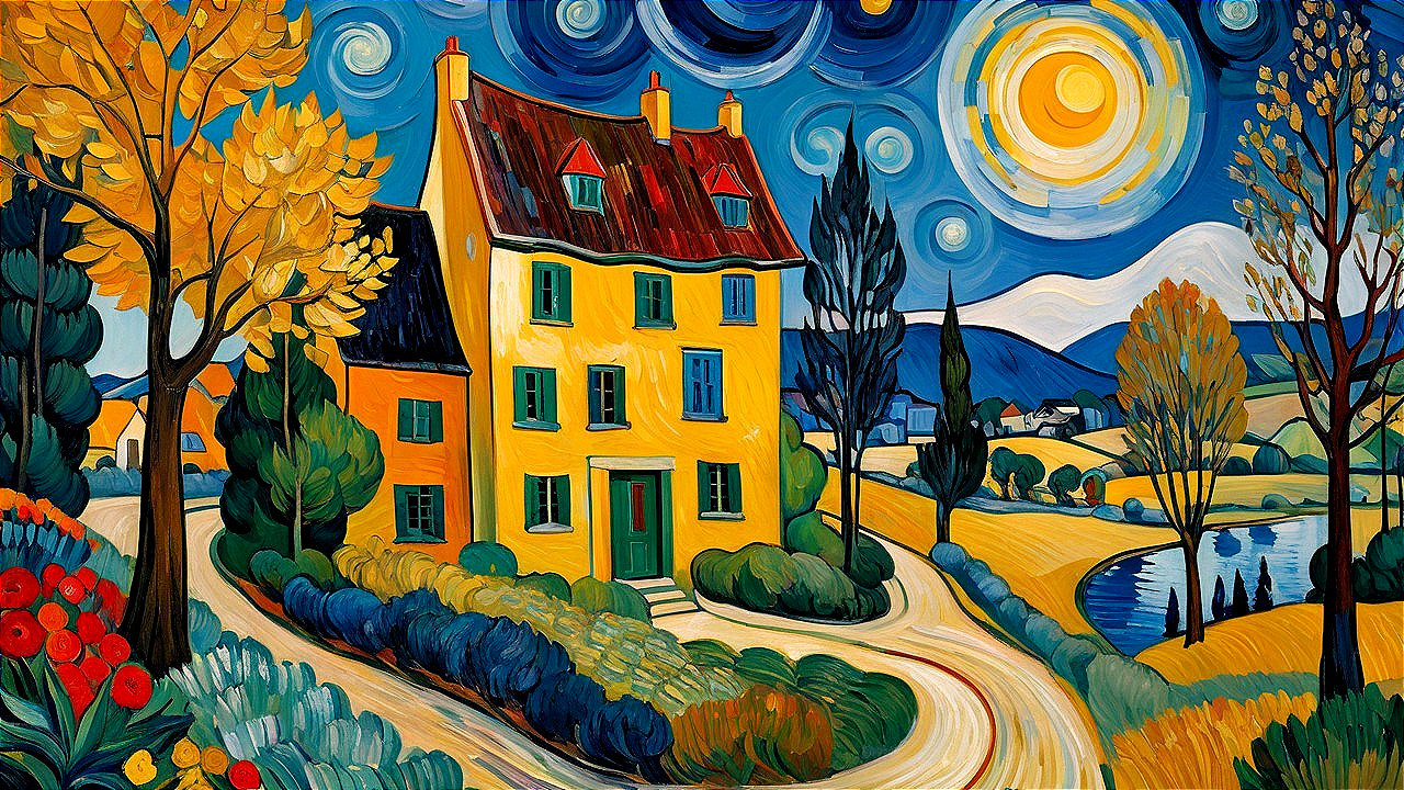 Vibrant Landscape with Yellow House and Autumn Trees