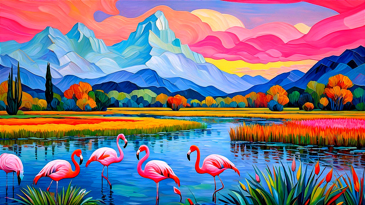 Vibrant Landscape with Lake, Mountains, and Flamingos