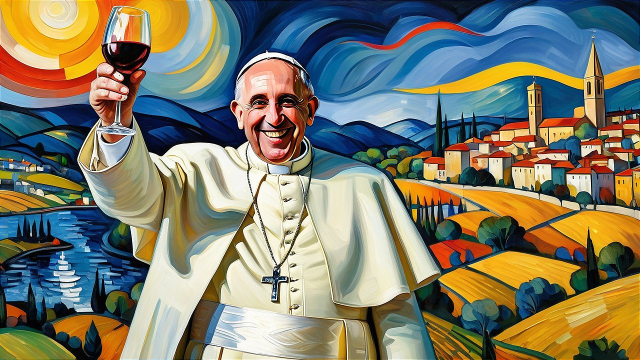 Colorful Painting of Joyful Figure with Wine Glass