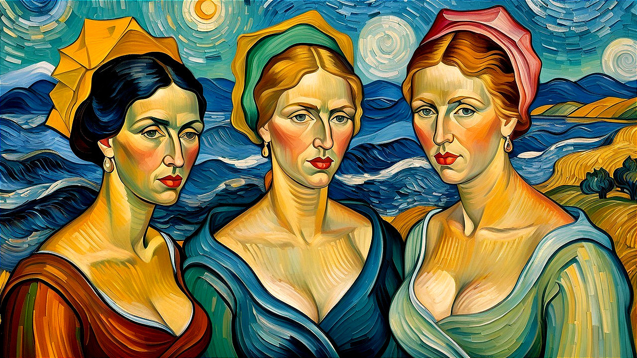 Three Stylized Women in Vibrant Colors and Headscarves