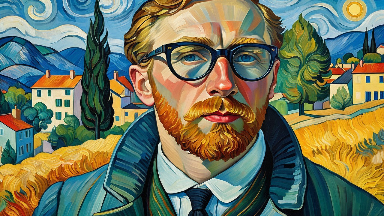Stylized Portrait of a Bearded Man in Vibrant Landscape