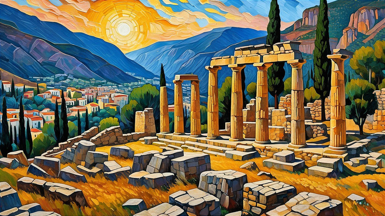 Vibrant Painting of Ancient Ruins and Rolling Hills