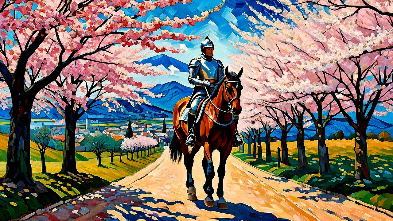 Knight on Horse in Cherry Blossom Landscape