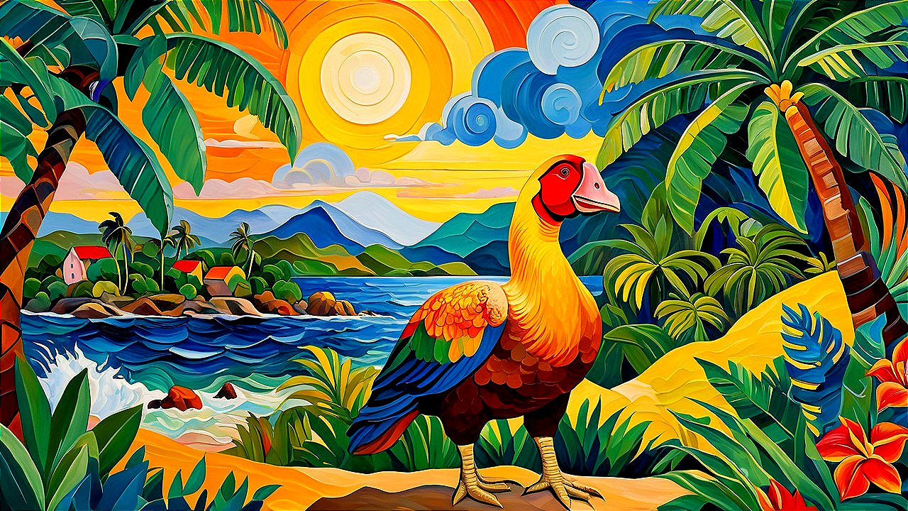 Colorful Art Deco Duck on Tropical Beach at Sunset