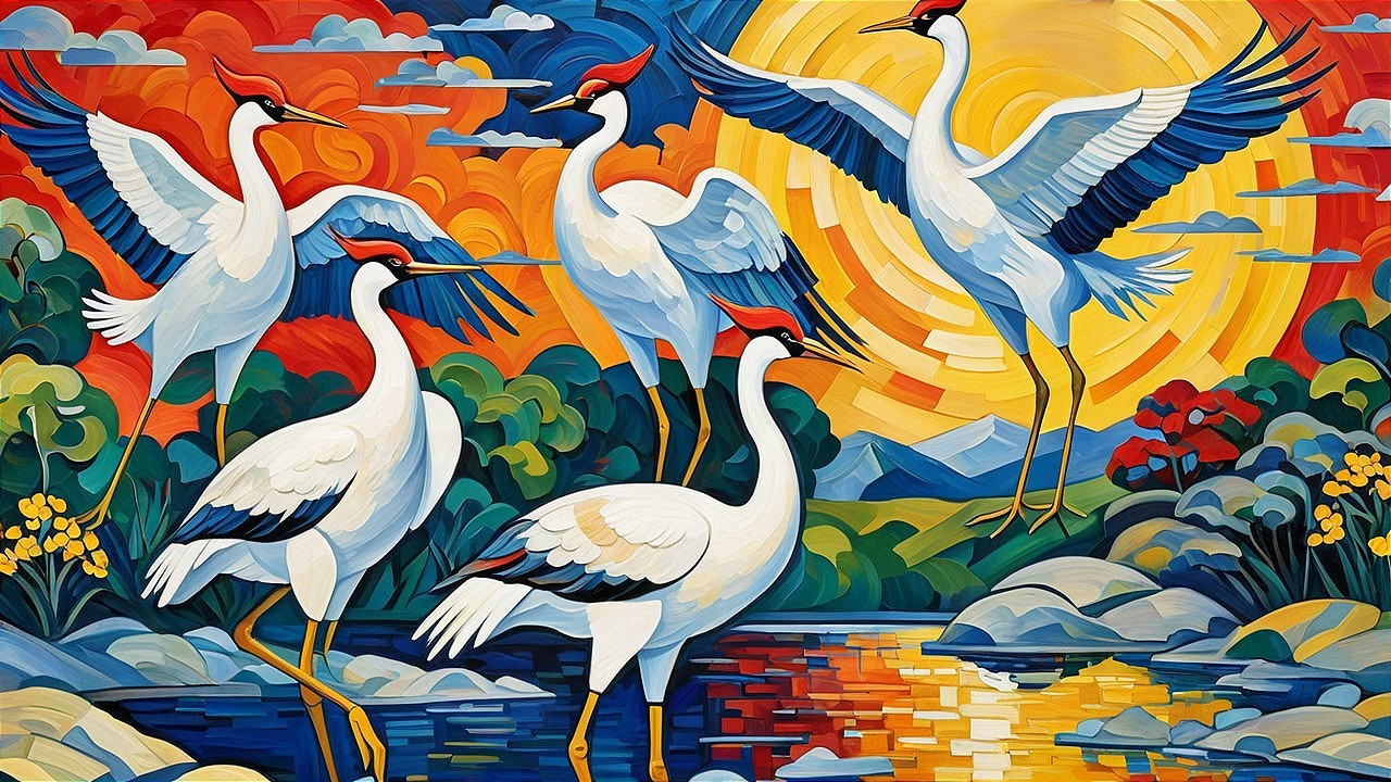 Vibrant Cranes Against Bold Sunset and Lush Nature