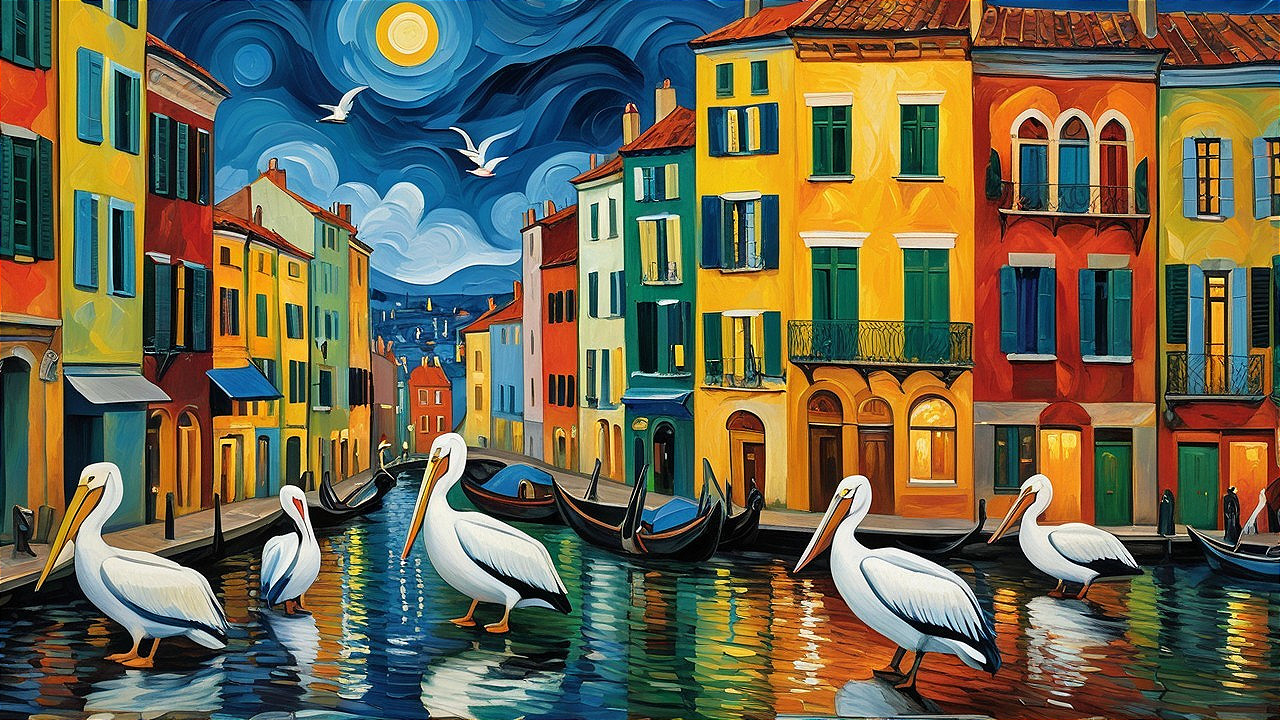 Vibrant Canal Scene with Colorful Buildings and Pelicans