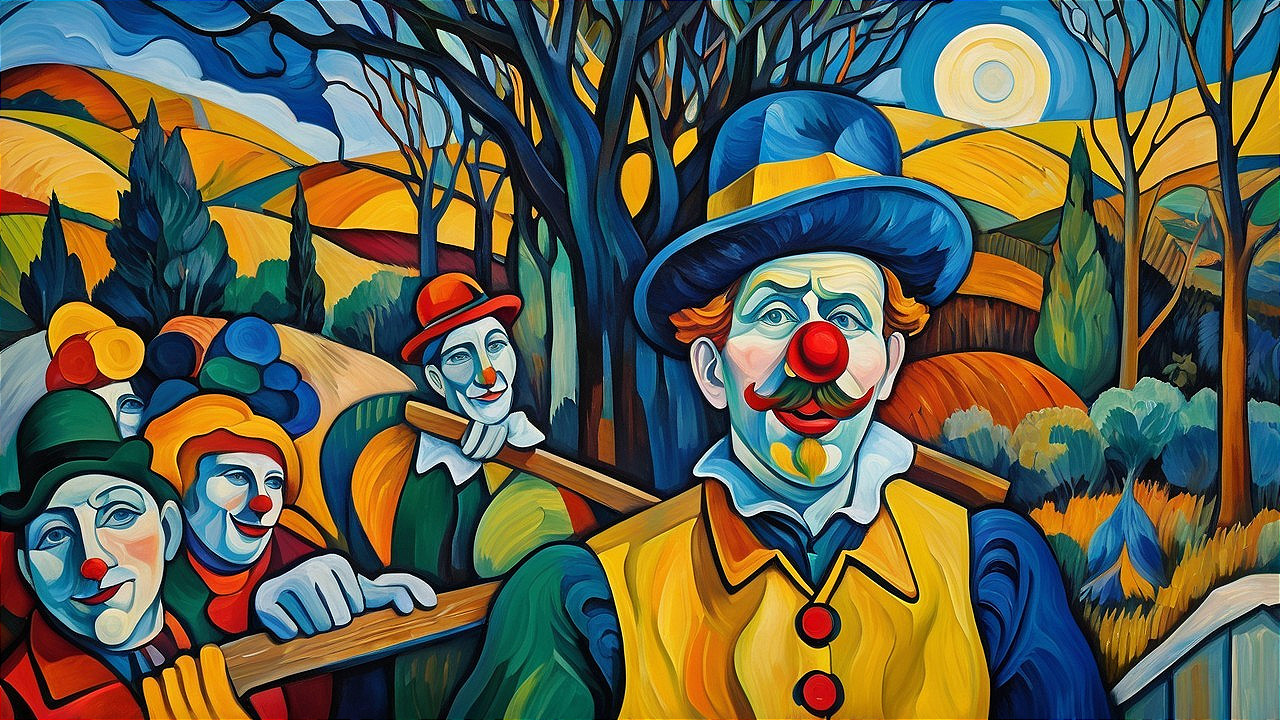 Vibrant Landscape with Cheerful Clowns in Costumes