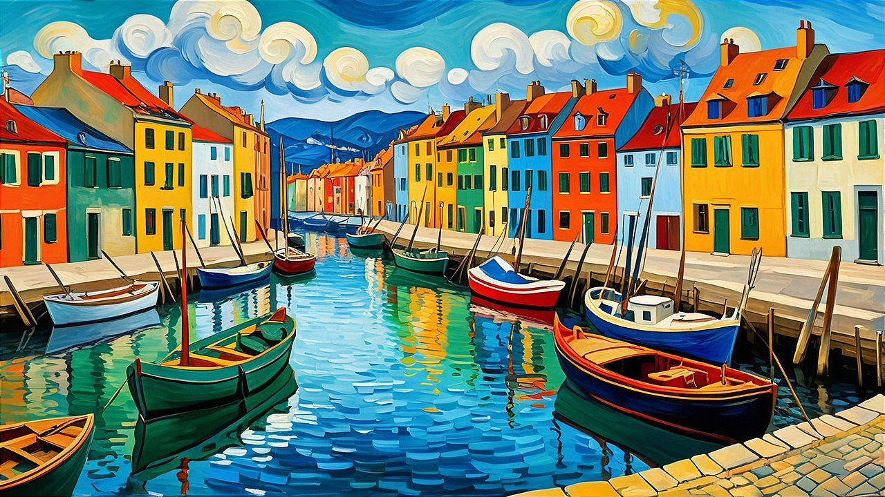 Vibrant Canal Scene with Colorful Reflections and Boats