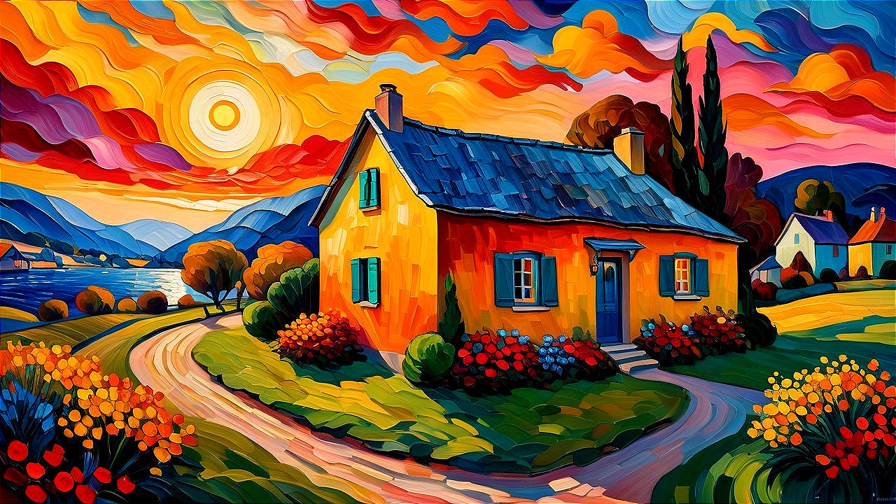Vibrant Landscape with Cottage and Colorful Sunset Skies
