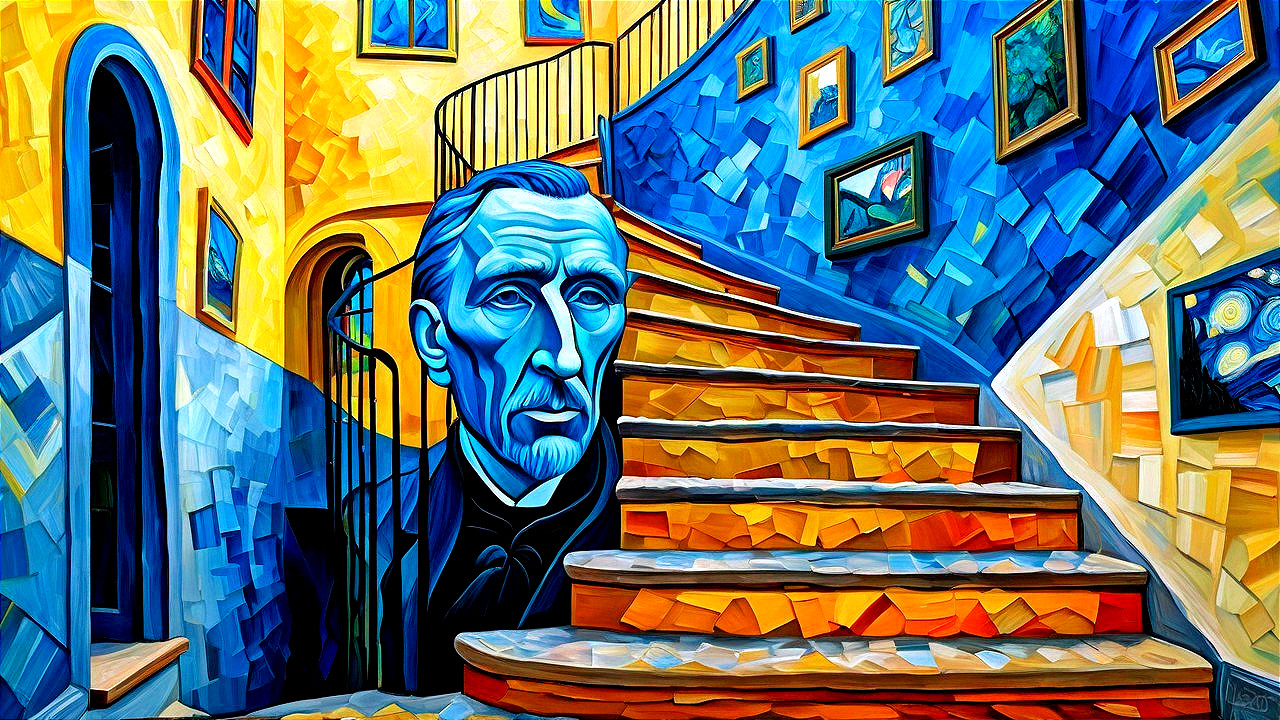 Vibrant Spiral Staircase with Colorful Art Surroundings