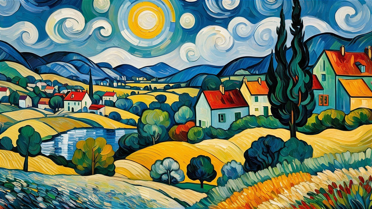 Vibrant Countryside Landscape with Rolling Hills and River