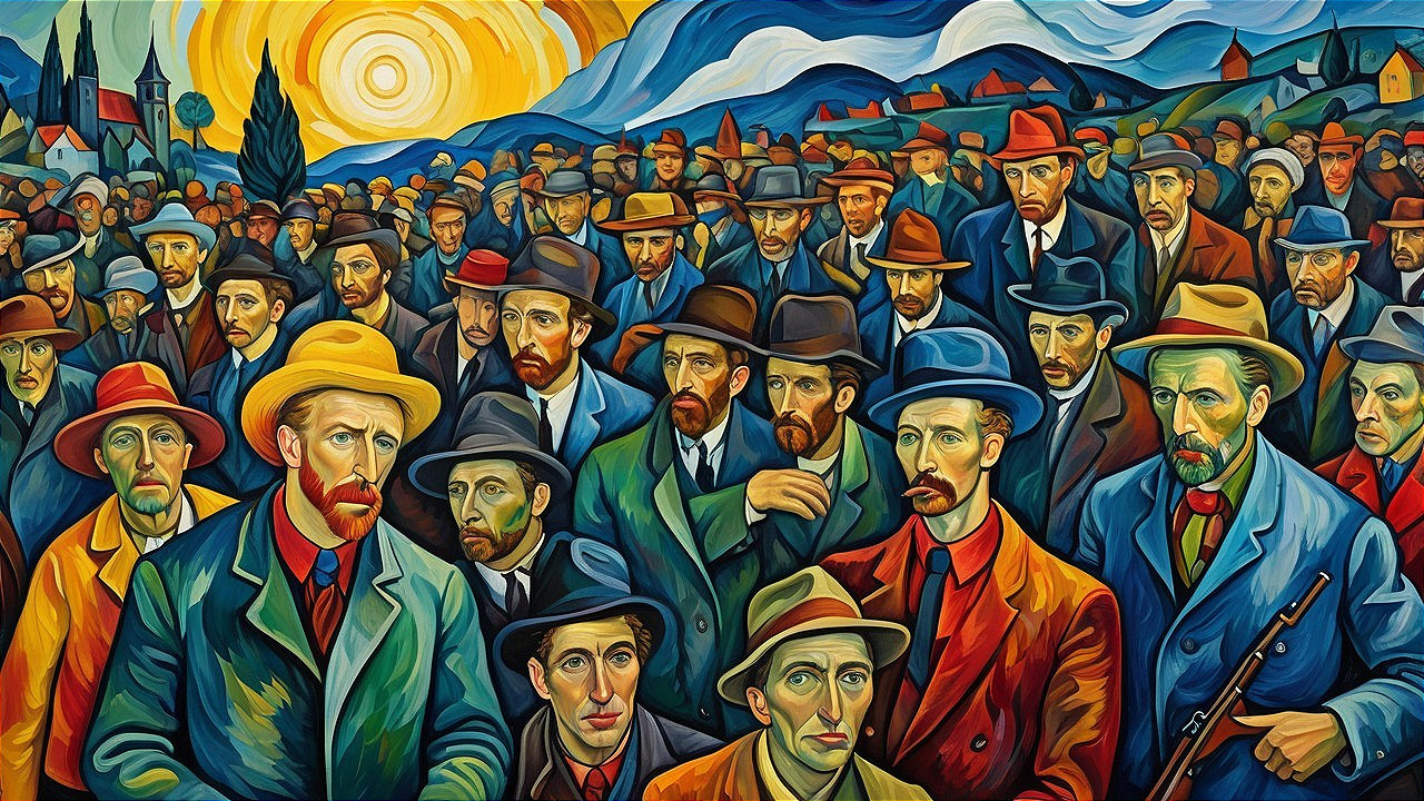 Vibrant Painting of Diverse Men in Rural Setting
