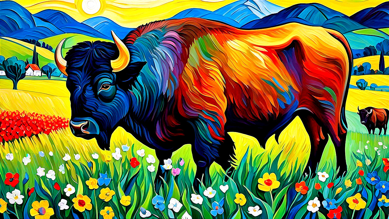 Vibrant Landscape with Colorful Bison and Flowers
